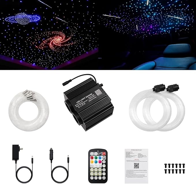 AMKI Dual Color 18W Twinkle&Meteor Starlight Headliner Kit 1200pcs 0.03in 13.1ft+240pcs Pure White Shooting Star,Updated 2 in 1 Starlight Box RGBW Sound Activated Mode for Car Home Decor