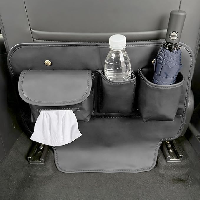 Leather Car Seat Back Organizer, Waterproof Car Seat Kick Mat with Cup Holder, Multifunctional Backseat Storage Bag, Universal Auto Travel Seats Protector Accessories for SUV Truck (Black)