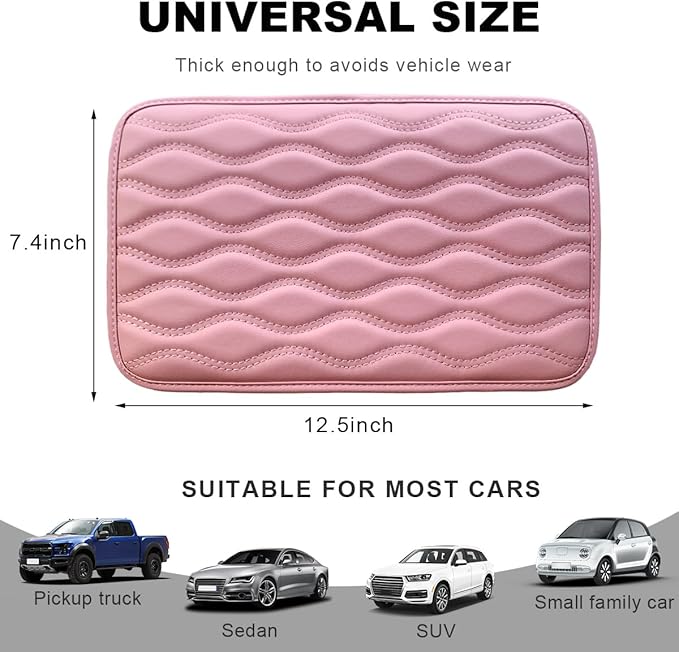 Car Center Console Cushion Pad, 12.48×7.40 Inches Waterproof Car Armrest Seat Box Cover, Comfortable PU Leather Vehicle Armrest Cover Protector, Car Decor Interior Accessories (Pink)