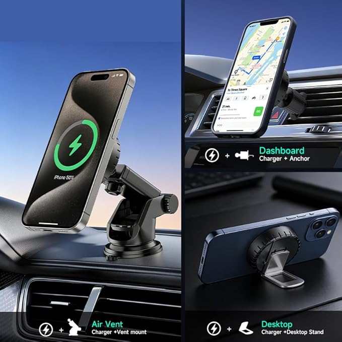 Qylastic Qi2.2 Certified 25W for MagSafe Car Charger & Holder with Air-Cooling Tech, Magnetic Wireless Charger Mount for iPhone 17/16/15/14/13/12, Fits Samsung Galaxy S25