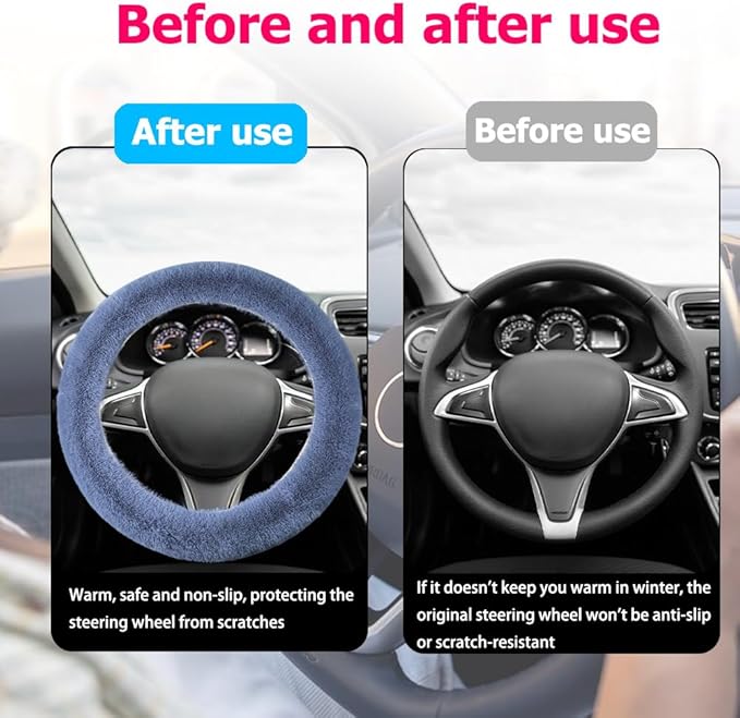 Fluffy Steering Wheel Cover, Winter Warm, Suitable for Most Car Steering Wheels in The 14-15 Inch Range (Gray, 3PCS)