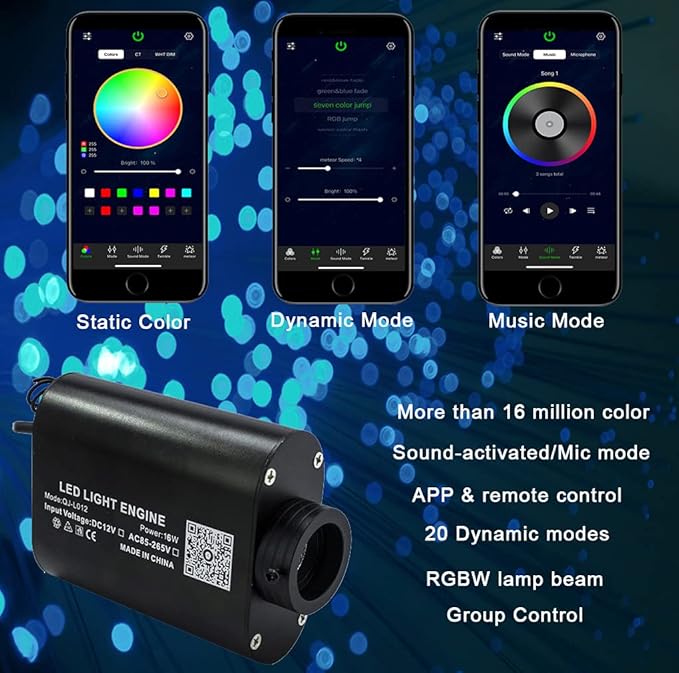 AZIMOM 16W Sound Activate Starlight Headliner Kit 300pcs 0.03in 6.5ft, Fiber Optic Starlight Light Music Mode Remote APP Control Car Use Home Star Ceiling Headliner Lighting Decoration