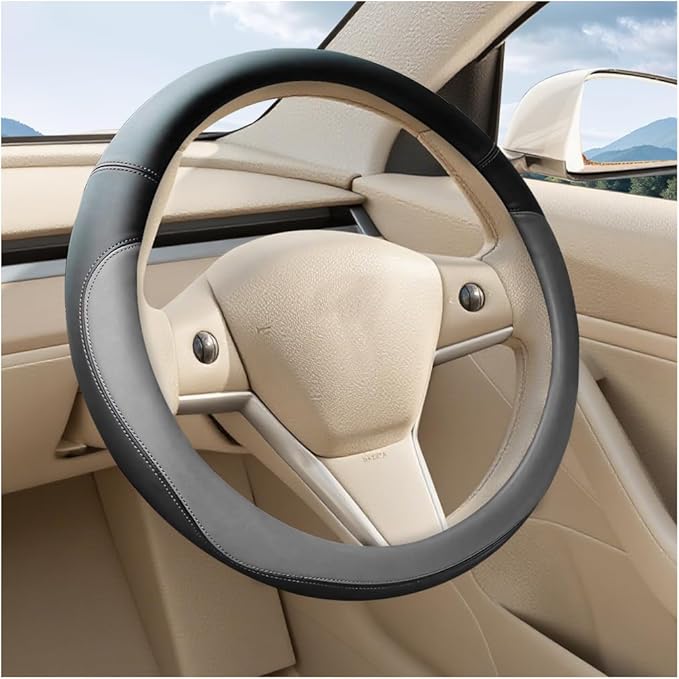 Car Steering Wheel Cover, 15 Inch Leather Anti-Slip Breathable Vehicle Steering Wheel Protecter with Comfortable Feel, Automotive Interior Accessories, Universal for SUV Sedan Truck (Gray)
