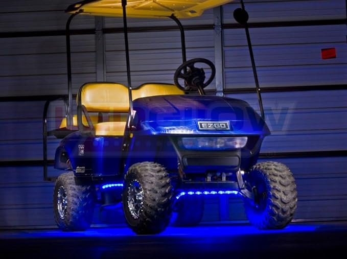 LEDGlow 4pc Blue LED Golf Cart Underbody Underglow Accent Neon Light Kit for EZGO Yamaha Club Car - Water Resistant Flexible Tubes - Includes Control Box & Wireless Remote