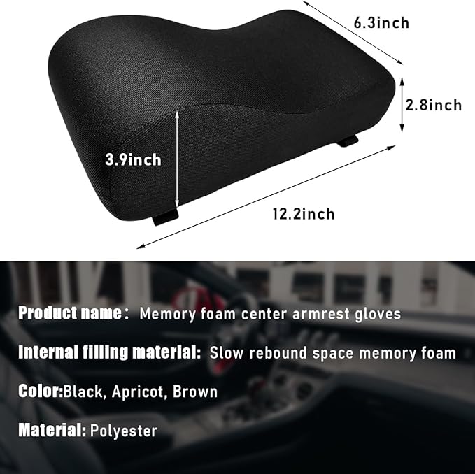 Car Armrest Cushion, 12.2"×6.3"×3.9" Memory Foam Center Console Armrest Pad, Comfortable Armrest Console Pillow Protector for Most Vehicles, Universal Car Accessories (Black)