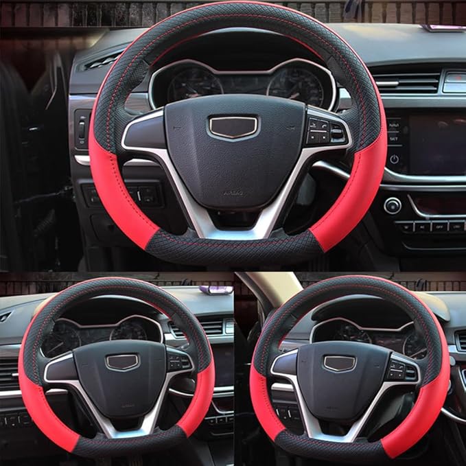 Pahajim Steering Wheel Cover Flat Bottom, D Shaped Car Steering Wheel Wrap PU Leather Anti Skid 14.5-15 Inch (37-38cm) Cubre Volantes Carros for Women Men (Red)