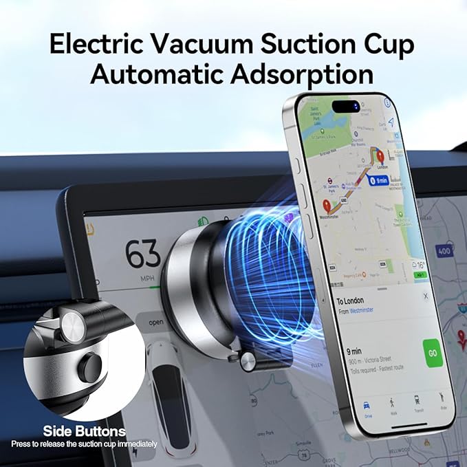 Vacuum Suction Magnetic Car Phone Holder, Electric Magnetic Car Phone Holder Mount Foldable Adjustable Car Mount for iPhone12-16,Mirror/Glass/Screen/Smooth None Porous Surface (Not Charge Phone)