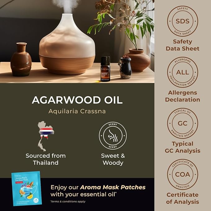 100% Pure Agarwood Essential Oil - 0.34 Fl Oz - Agarwood Oil for Hair, Skin, Diffuser, Aromatherapy & DIY Candle Making Scent