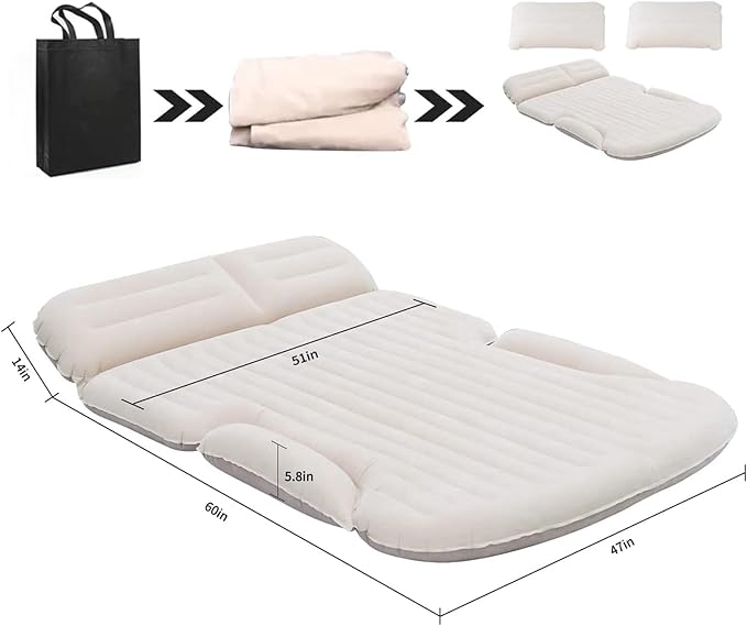 KMZ SUV Air Mattress Thickened and Double-Sided Flocking Travel Camping Bed with 2 Pillows & Pump Dedicated Mobile Cushion Inflatable Bed for SUV Trunk and Rear Seat (Beige and Coffee)