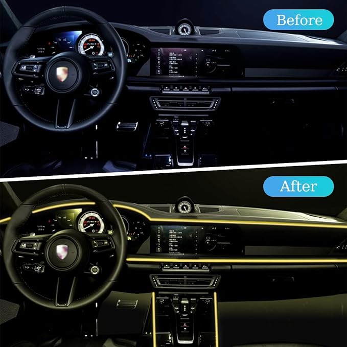 EL Wire Interior LED Strip Lights, USB Auto Neon Light With Sewing Edge, 16FT Electroluminescent Ambient Lighting Kit, Fuse Protection, Car Decoration Accessories (Yellow/16FT)