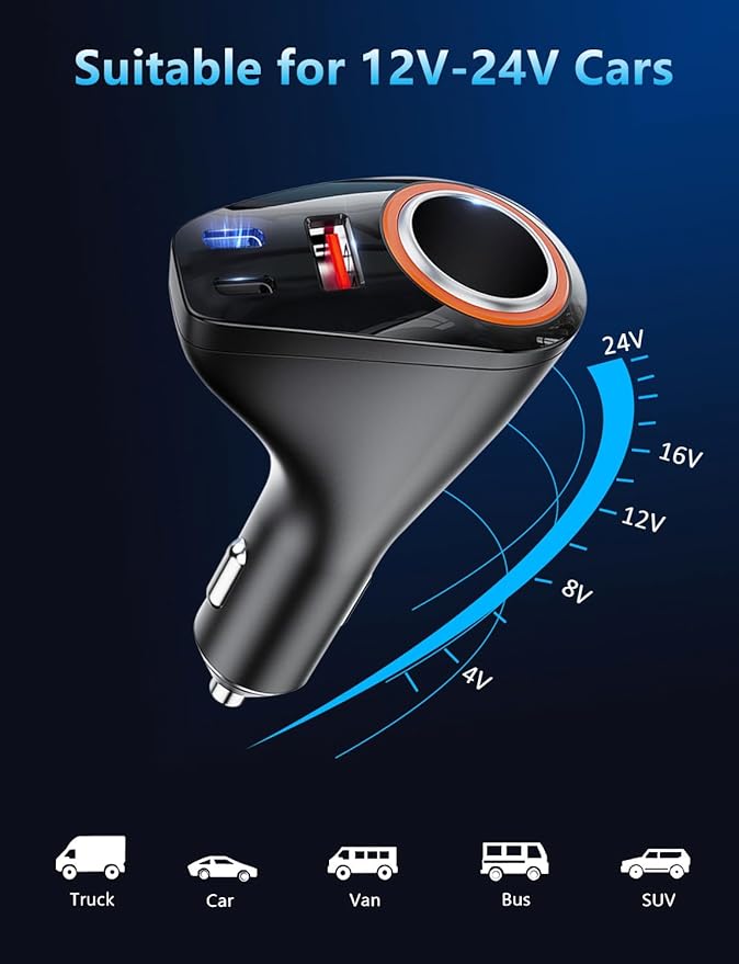 4 in 1 USB C Car Charger, 170W Multi USB Cigarette Lighter Adapter, Socket Splitter with 3 Ports, 12V/24V Dual USB Type C PD Fast Car Charger Adapter for iPhone 17/Air/16/15 Pro Max iPad GPS