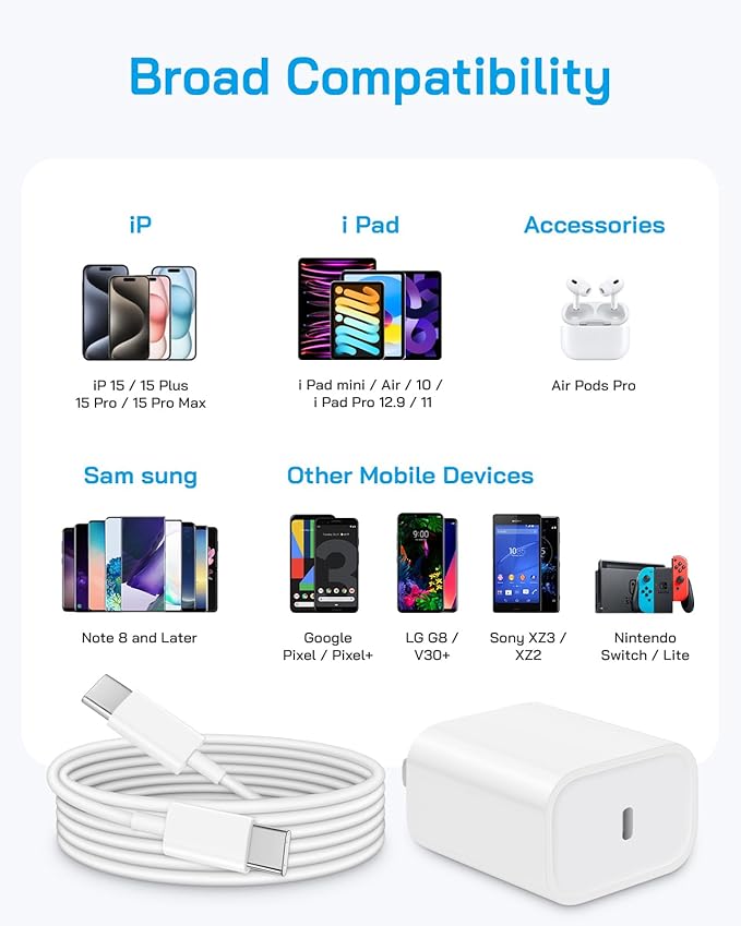 Brasag i Phone 17 16 15 Charger Fast Charging - 20W PD Fast Charger Block with 6Ft USB C Cable for i Phone 17/16/15 Series, i Pad Pro/Air/Mini, Galaxy S23, Pixel 8 & More (2-Pack)