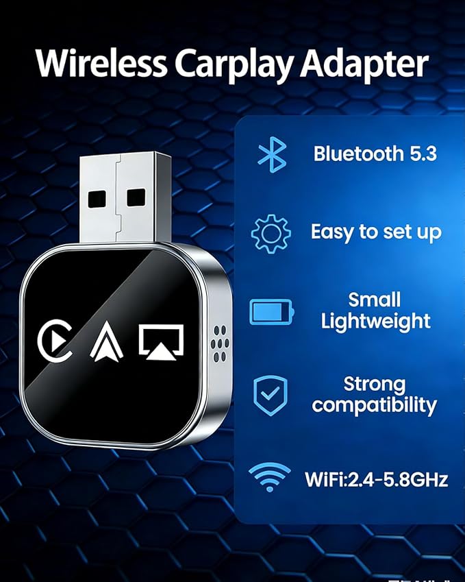 Mini Wireless Carplay Adapter for iPhone 3 in 1 Car Play Dongle Wired to Wireless Screen Mirror Accessories Converts Fast Auto Connect No Audio Delay Bluetooth 5.3 & 5ghz Wi-Fi - Plug & Play (2PCS)