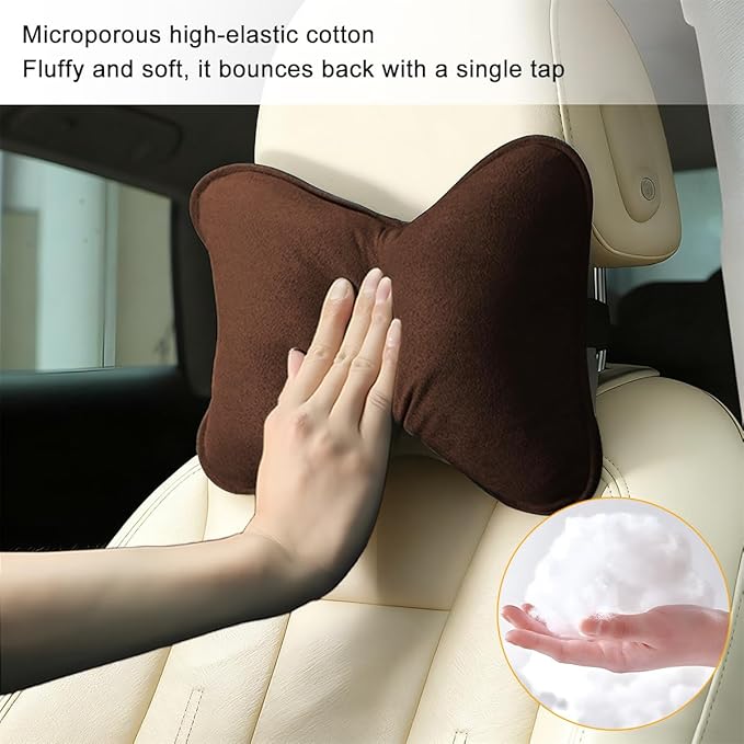 Car Headrest Pillow, Suede Soft Comfortable Breathable Vehicle Seat Neck Support Cushion with Adjustable Strap, Ergonomic Design Auto Head Rest Pad, Universal for Sedan RV Truck (Brown)