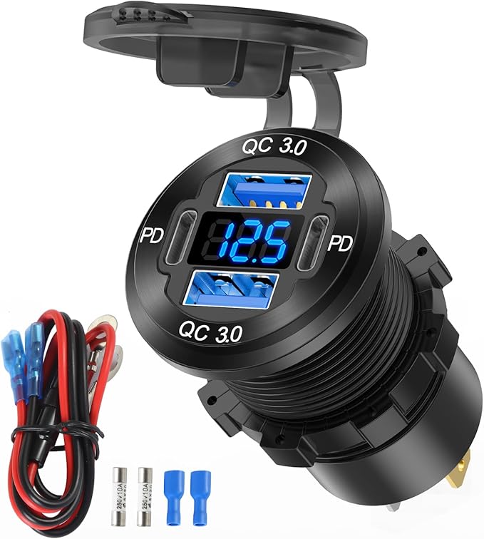 78W 12V USB Outlet 4 Port Car Charger Socket, Dual PD USB C and Dual Quick Charge 3.0 Port Aluminum Charger with Voltmeter DIY Kit Waterproof for Car Boat Marine Motorcycle RV ATV Truck Golf Cart, etc