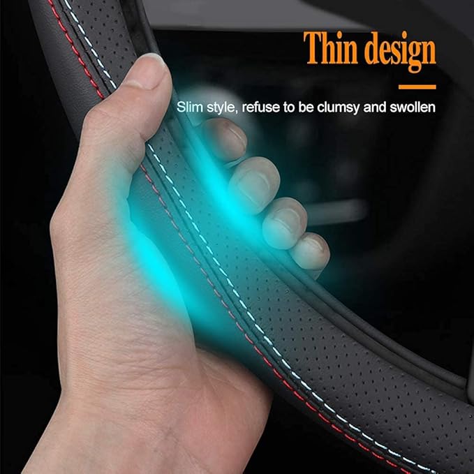 Carodi Latest Nappa Leather car Steering Wheel Cover, Stylish Non-Slip Leather car Interior 15 inches Universal Black(red and Blue Signs)