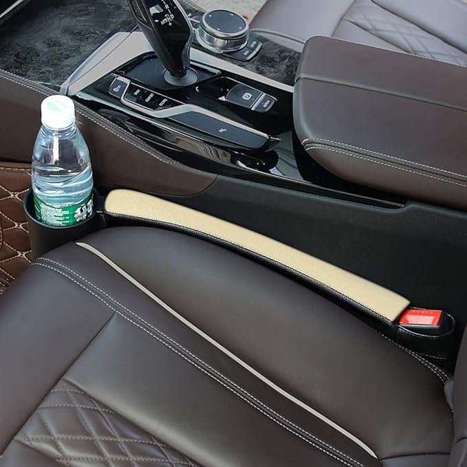 Supin 2 Prices Car Seat Gap Filler Pad PU Leather Console Side Pocket Organizer and one Cup for Cellphone Wallet Coin Key (Black+Beige)