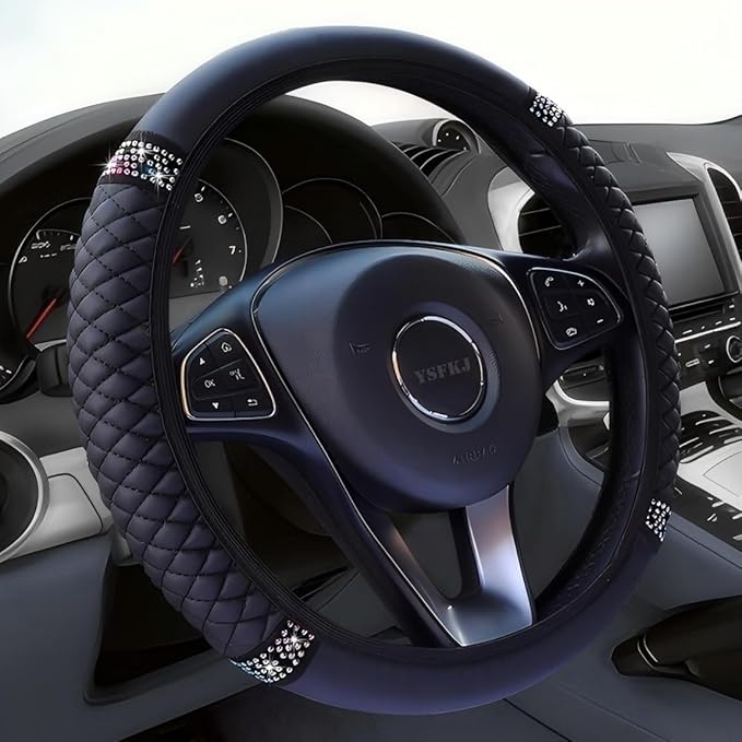 Soft Leather Car Steering Wheel Cover, Universal 15 Inch Colorful Rhinestones Anti-Slip Elastic Steering Wheel Covers for Most Cars, Sparkly Crystal Diamond for Women Girls (Black)