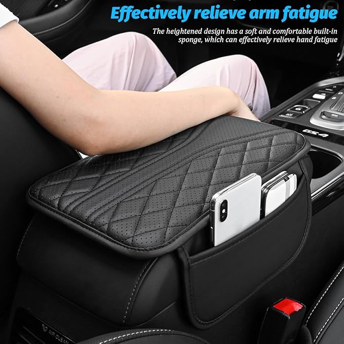 Car Center Console Cover, Leather Vehicle Armrest Box Pad with 2 Storage Bags, Automotive Interior Arm Rest Cushion Protector Accessories, Universal for SUV Sedan Truck (Wine Red)