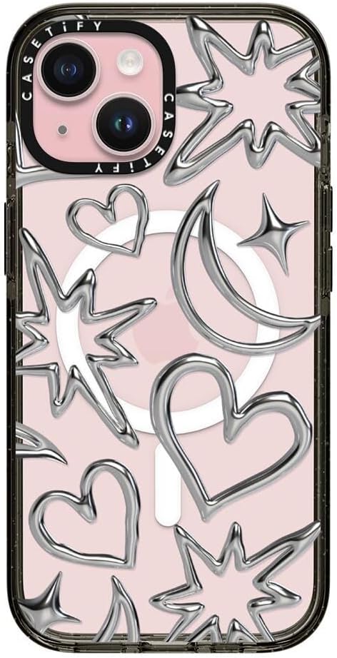CASETiFY Impact iPhone 15 Case [Slim/Compatible with Magsafe / 8.2 ft. 4X Military Grade Drop Protection] - Chrome Scribbles - Clear Black