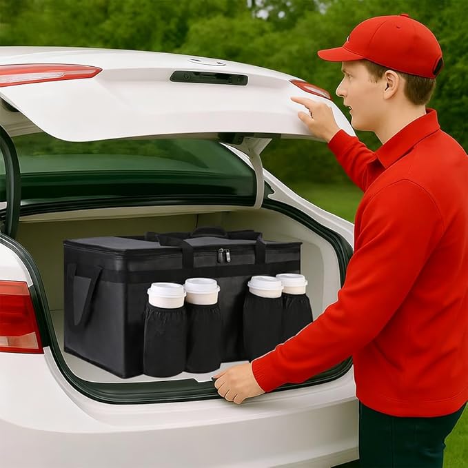 Bodaon Insulated Grocery Bags with 4 Cup Holders -Insulated Bags for Food Delivery with Zippered Top, Food Carrier for Catering, Pizza Bag and Cooler Bag for Takeout, Picnic, Shopping, Car Use