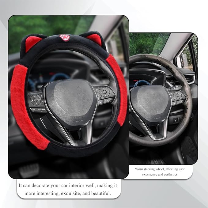 Car Steering Wheel Cover, 15 Inch Fluffy Soft Plush Auto Protector, Anti-Slip Elastic Lovely Car Cover Accessories with Kitty Cat Ears Universal for Most Vehicles (Fluffy-Black+Red)