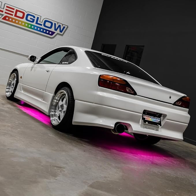 LEDGlow 4pc Pink LED Flexible Car Slimline Underbody Underglow Accent Neon Lighting Kit - 4 Unique Patterns - Water Resistant, Low Profile Light Tubes - Includes Control Box & Remote