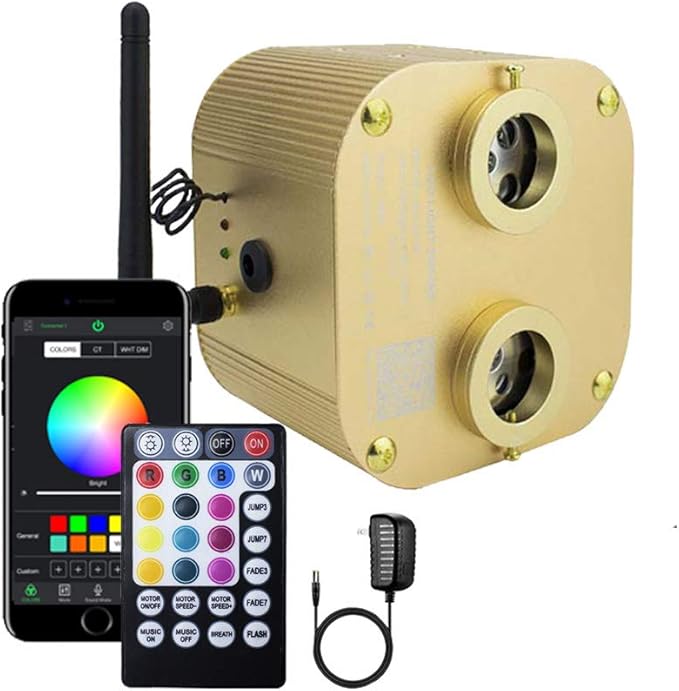 AZIMOM Dual Port 20W Twinkle Fiber Optic Starlight Box Sound Activated RGBW Fiber Optic Light Source APP/Remote Control Dual Head Light Engine Driver for Car Home Ceiling Star Lighting Decor