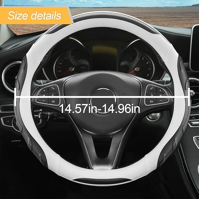 Leather Steering Wheel Cover, Auto Car Stretch Steering Wheel Protector, Universal 15 Inch Anti-Slip Breathable Odorless Steering Wheel Cover for Men Women (Black/White)