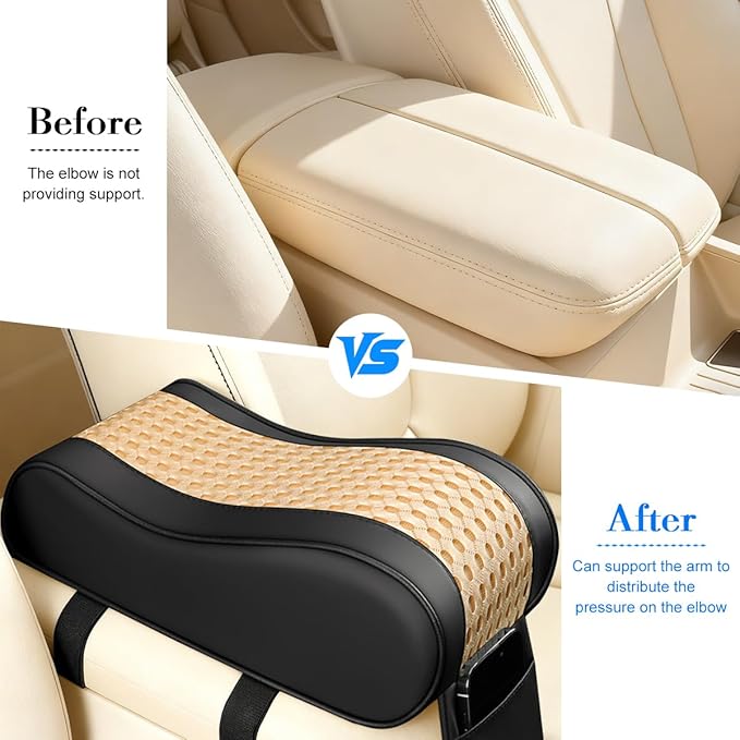Car Armrest Cushion, Soft Memory Foam Leather Vehicle Armrest Pillow with Storage Bag, Multifunctional Automotive Interior Center Console Arm Rest Pad, Universal for Most Vehicles (Beige)