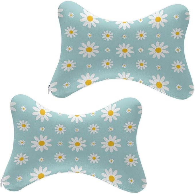 Car Headrest Pillow Compatible with Sky Blue Daisy Flowers, Cartoon Neck Pillow for Car, 2 Pcs Comfortable Soft Car Seat Pillow for Driving,Head Rest Cushion, Cute Neck Pillow for Travel