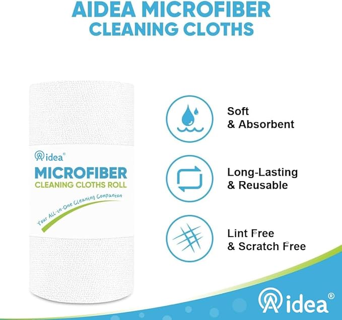 AIDEA Microfiber Cleaning Cloth Roll, White Shop Towels 55 Sheets Washable, Microfiber Towels for Cars, White Rags Reusable Paper Towel for Automotive, Workshop, House, Kitchen, Cleaning Supplies11×9"