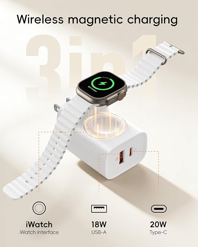 VRURC Charger for iPhone & Apple Watch, 20W USB C Fast Charging Block, 3-in-1 Compact Travel Adapter with 2 Port for iPhone 17/16/15/14/13, Wireless Magnetic for iWatch SE/11/10/9/8/7/6/5/4-White