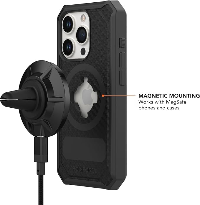 ROKFORM Wireless Car Charger, Magnetic Vent Mount, Compatible with Mag Safe Phone Cases, Super Grip Clip, USB-C to USB-C Cable Included (Black)