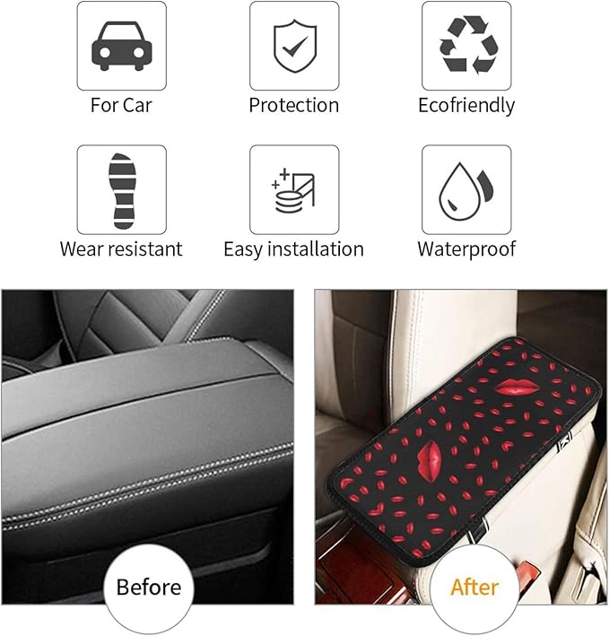Car Armrest Cover Auto Center Console Pad Arm Rest Cushion Soft Car Accessories Universal for Most Vehicle (Bright Red Lips Pattern Design)