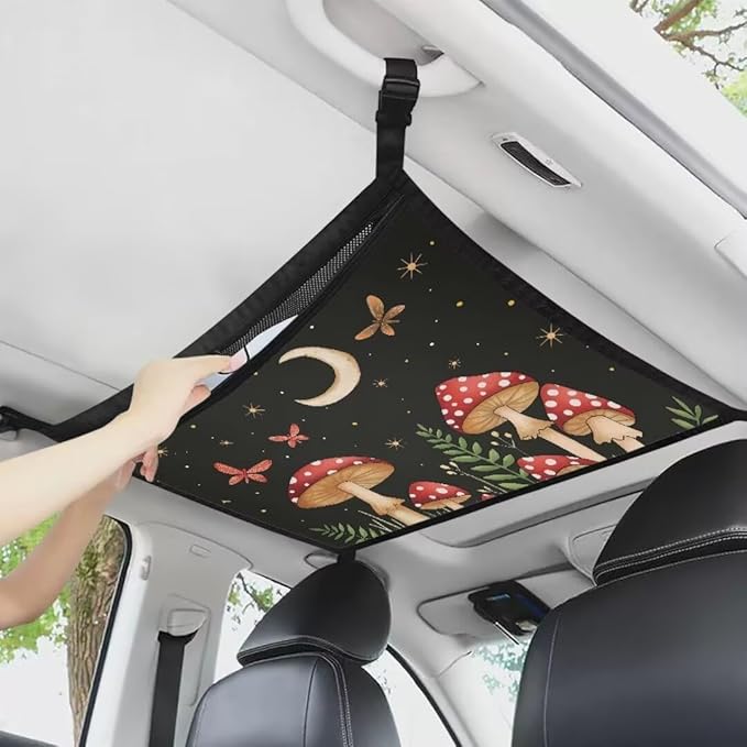 Red Mushroom Car Roof Storage Bag Multi-Purpose Seat Organizer Premium Car Seat Organizer Vehicle Passenger Seat Organization and Storage for Kids Adults Pets Items