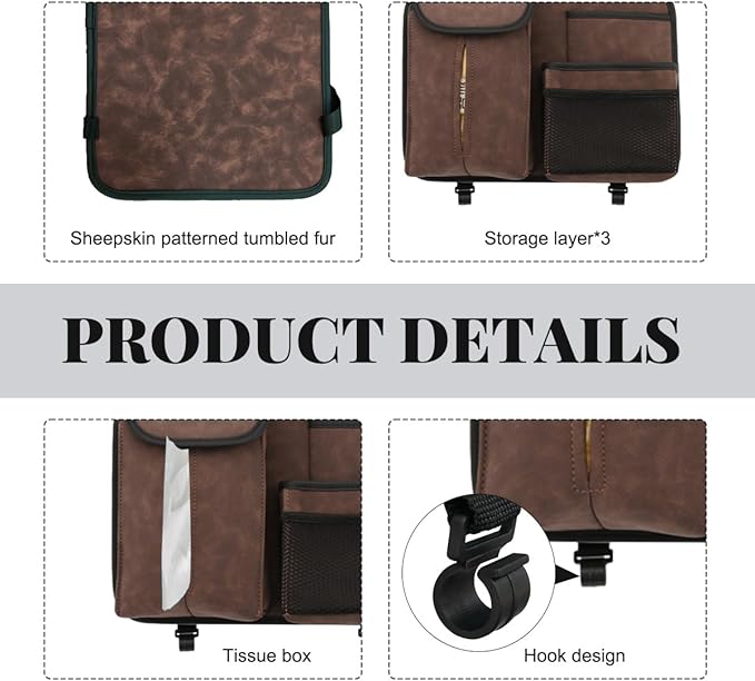 Car Back Seat Organizer, Multi Pockets Car Hanging Seat Back Headrest Organizer with Hook, Durable Car Seat Storage Bag, Universal Travel Accessories with Tissue Box Net Pocket (Coffee)