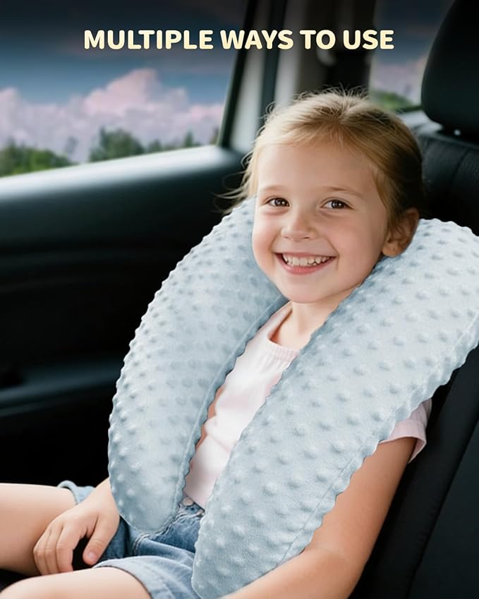 Memory Foam Kids Travel Pillow, Car Pillow for Kids, H-Shape Car Pillows for Sleeping, Removable Pillowcase, Adjustable, Velvet Dots, Blue