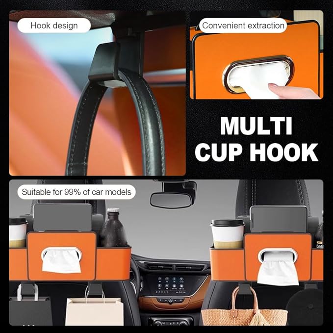 Cars Seat Back Bag, 2025 Upgrade Car Rear Backseat Extra Multifunctional Car Seat Back Storage Box, Multifunctional Car Seat Tissue Organizer with 2 Drink Cup Holder 2 Hooks (Black)