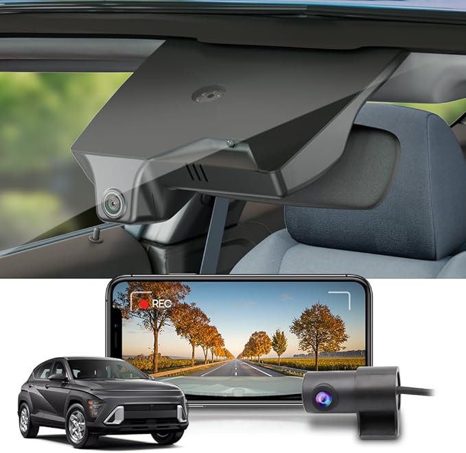 Fitcamx Front 2K+Rear 1080P Dash Cam Adapts for Hyundai Kona 2023-2025 & Kona Electric (Part No#BE010), OEM Style, Dual HD Video, WiFi Connect & APP, Loop Recording, G-Sensor, Easy to Set, 64GB Card
