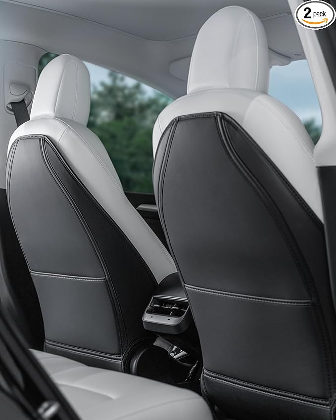 Leather Seat Back Protector Designed for Tesla Model Y Model 3 Model S/X Accessories(Includes 2025 Model Y & 2024-2025 Model 3 Highland), Wear-Resistant Kick Mats with Organizer Pocket, Set of 2