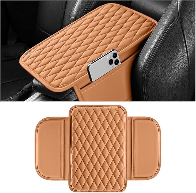 Car Armrest Cushion Pad, Leather Vehicle Center Console Cover with 2 Storage Bags, Non-Slip Automotive Interior Arm Rest Seat Box Cover Accessories, Universal for SUV RV Sedan (Orange)