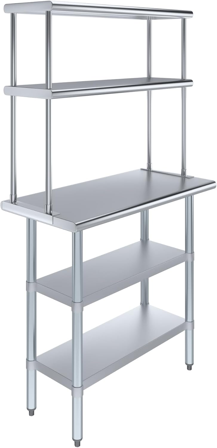 Amgood Stainless Steel Work Table with 2 Shelves | Metal Kitchen Prep Table & Shelving Combo (18" x 36" Table with 2 Shelves + 12" Overshelf)