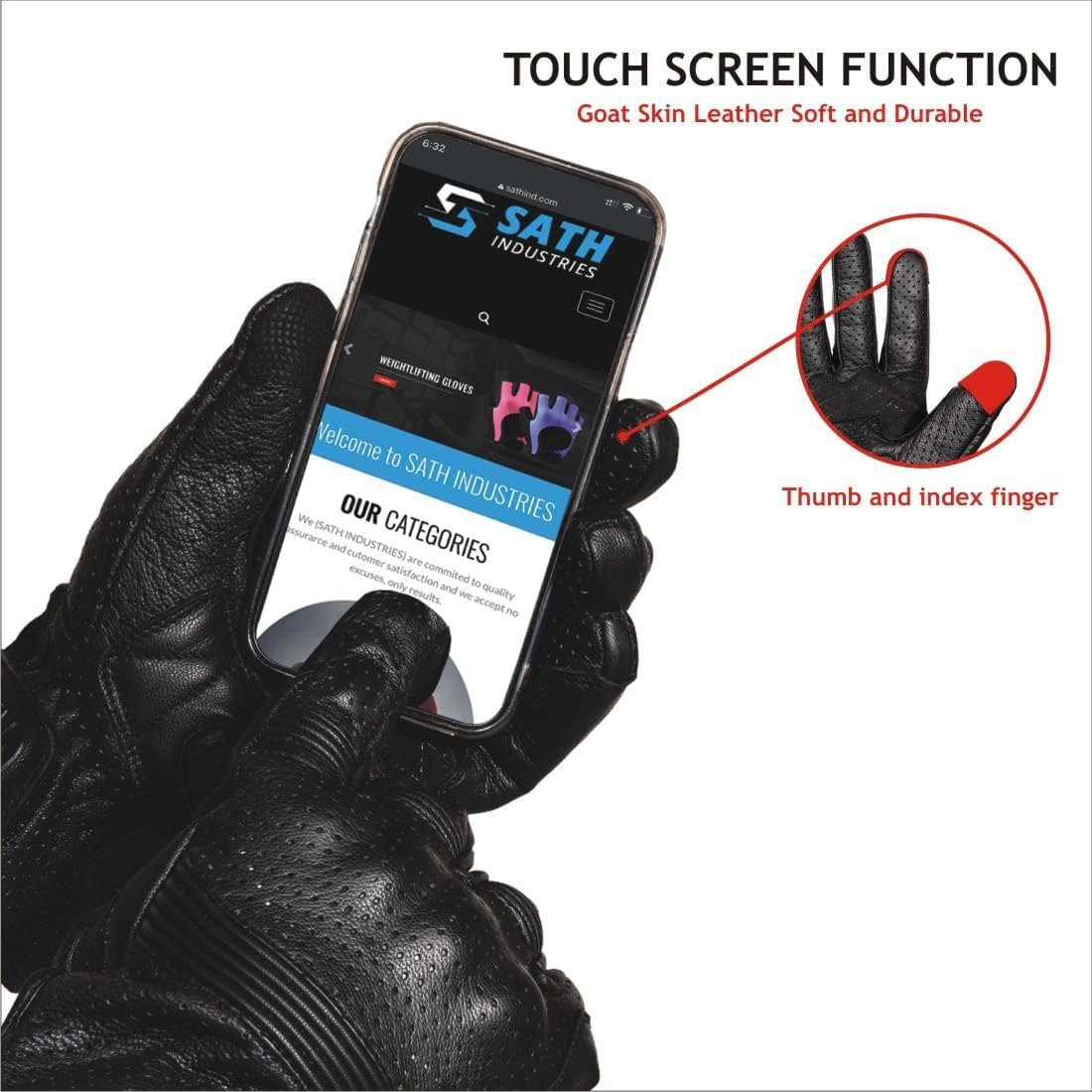 Leather Motorcycle Gloves for Men and Women | Touchscreen | Full Finger | Goatskin Leather Hard Knuckle Motorcycle Riding Gloves (Perforated, Medium)