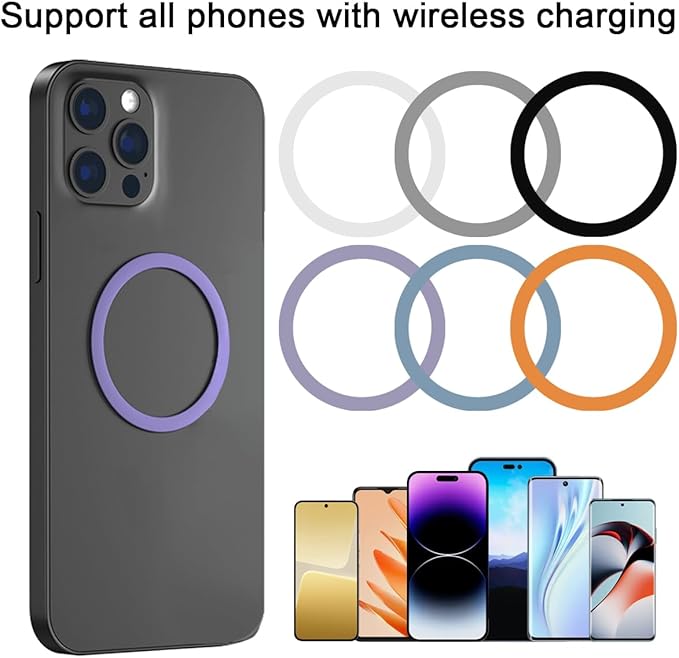 6 Colors Universal Metal Rings Compatible with Magsafe Magnetic Wireless Charger, Adapter Ring Sticker for Cell Phone Case Magnet Wireless Charging, Compatible with iPhone 17/16/15/ Samsung Galaxy