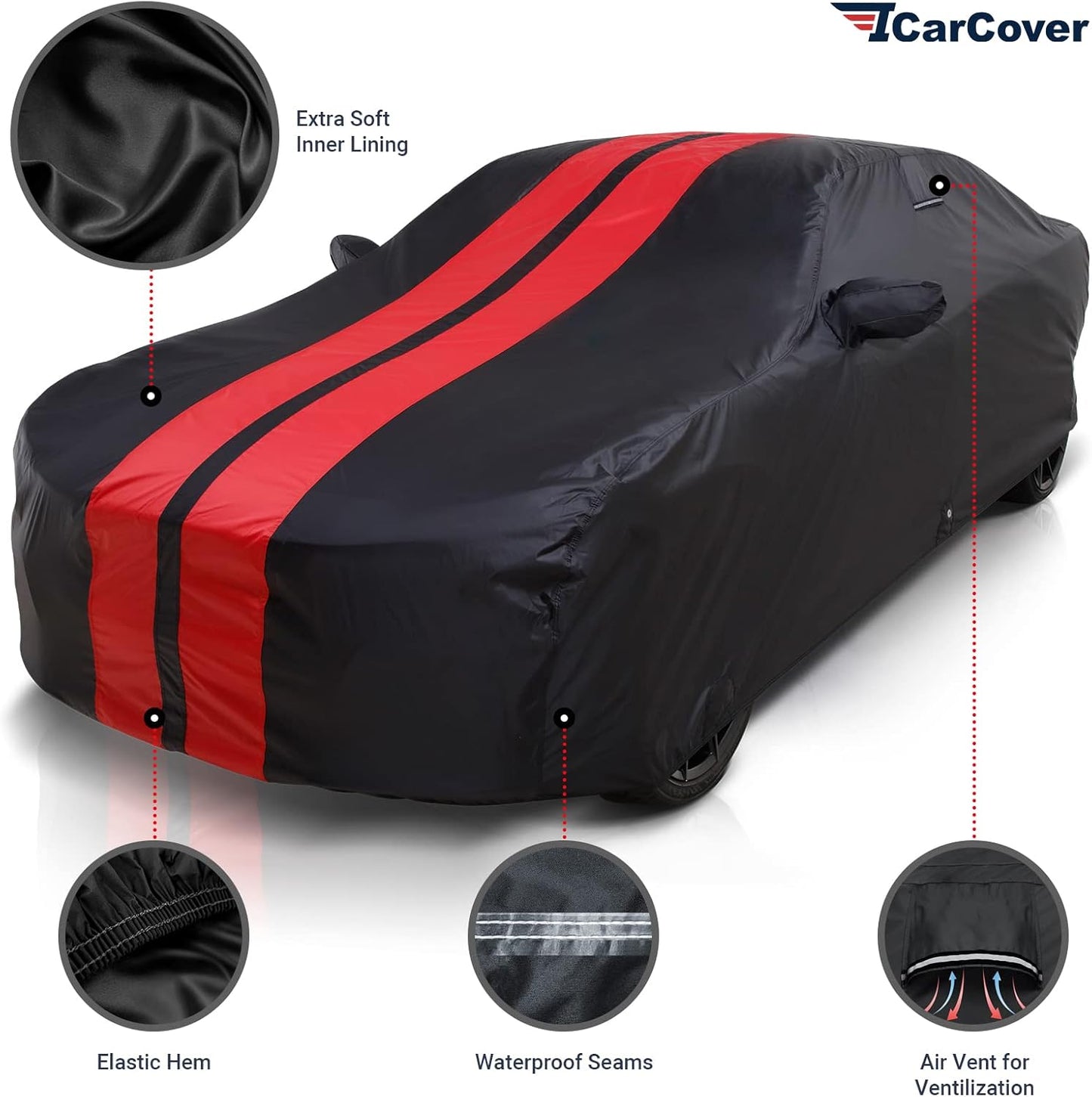 iCarCover Custom Car Cover for 1979-2004 Ford Mustang LX, GT Waterproof All Weather Rain Snow UV Sun Protector Full Exterior Indoor Outdoor Car Cover (Stripe - Black/Red)