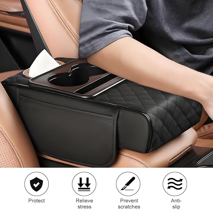 Car Armrest Cushion, 5-in-1 Nappa Leather Vehicle Centre Console Cover with 2 Storage Pockets, Cup Phone & Phone Holder, Multifunctional Auto Organiser Accessories, Universal Fit (Black)