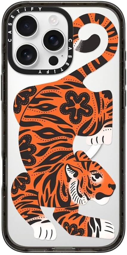 CASETiFY Impact Case for iPhone 16 Pro Max [Slim / 8.2 ft. 4X Military Grade Drop Protection/Compatible with Magsafe] - Fierce Tiger - Clear Black