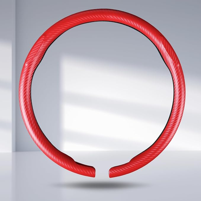 Car Steering Wheel Cover Carbon Fiber Snap On Steering Wheel Accessories Wrap 14.5-15 inch Universal Grip Anti-Skid Protector, Matte Red