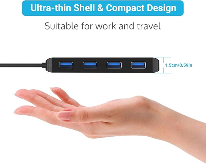 USB 3.0 Hub 4-Port with Individual Switches, Ultra-Slim High-Speed Data Expander, 5Gbps USB Splitter for Laptop, PC, Keyboard, Mouse, Flash Drive – LED Indicators, Plug & Play